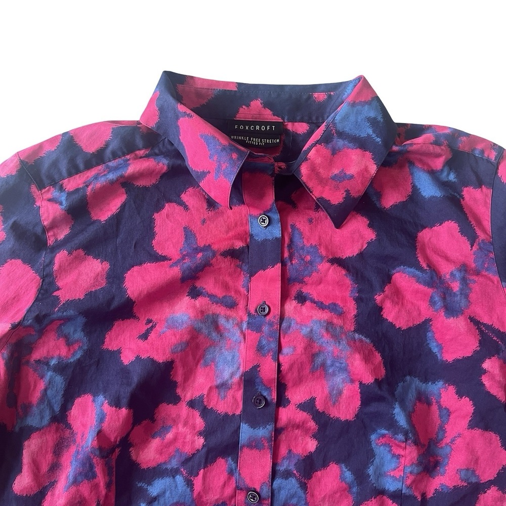 Foxcroft Women's XL Wrinkle Free Stretch Fitted Pink Blue Abstract Long Sleeve - Picture 5 of 7